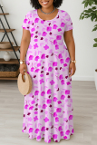 Rose Purple Casual Floral Print U Neck Short Sleeve Loose Straight Plus Size Maxi Dresses