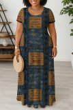Colors Casual Faux Denim Print U Neck Short Sleeve Loose Straight Plus Size Maxi Dresses