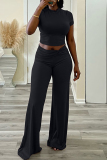 Black Casual Half A Turtleneck Short Sleeve T-shirt and Wide Leg Pants Two Piece Trouser Sets