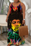 Multicolor Figure Print Sleeveless Backless Fitted Casual Vacation Plus Size Maxi Slip Dresses