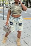 Light Blue Casual Daily Patchwork Ripped High Waist Straight Capri Fifth Denim Shorts