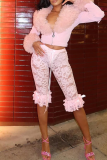 Pink Lace Mid Waist Patchwork Layered Ruffled Hem Skinny Capri Shorts Bottoms