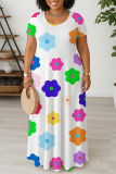 Colors Casual Faux Denim Print U Neck Short Sleeve Loose Straight Plus Size Maxi Dresses