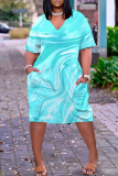 Multicolor Abstract Print V Neck Short Sleeve with Pocket Casual Outing Plus Size Midi T-shirt Dress