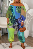 Purple Cyan Abstract Print Off Shoulder Long Lantern Sleeve Loose Casual Vacation Harem Jumpsuits