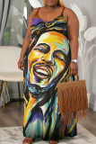 Multicolor Figure Print Sleeveless Backless Fitted Casual Vacation Plus Size Maxi Slip Dresses