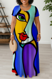 Yellow Casual Graphic Print U Neck Short Sleeve Loose Straight Plus Size Maxi Dresses