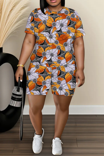 Orange Graphic Print O Neck Short Sleeve T-shirt and Skinny Shorts Casual Outing Plus Size Two Piece Short Sets
