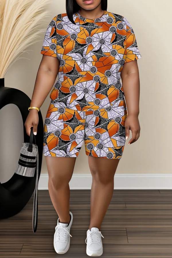 Orange Graphic Print O Neck Short Sleeve T-shirt and Skinny Shorts Casual Outing Plus Size Two Piece Short Sets