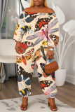 Yellow Horse Floral Print Off Shoulder Long Lantern Sleeve Loose Casual Vacation Harem Jumpsuits