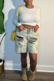 Light Blue Casual Daily Patchwork Ripped High Waist Straight Capri Fifth Denim Shorts