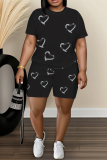 Orange Graphic Print O Neck Short Sleeve T-shirt and Skinny Shorts Casual Outing Plus Size Two Piece Short Sets