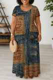 Colors Casual Faux Denim Print U Neck Short Sleeve Loose Straight Plus Size Maxi Dresses