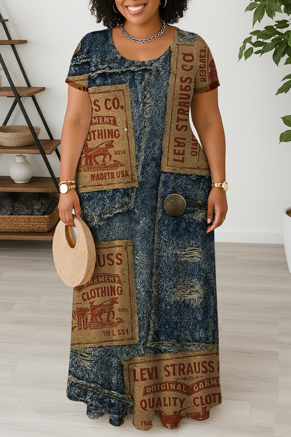 Colors Casual Faux Denim Print U Neck Short Sleeve Loose Straight Plus Size Maxi Dresses