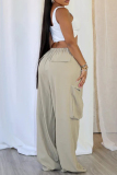 Black Zipper Belted High Waist Casual Street Slit Hem Straight Leg Cago Pants