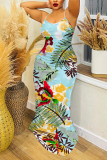 Dark Blue Floral Print Sleeveless Backless Bodycon Casual Party Vacation Plus Size Maxi Slip Dresses