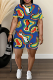 Orange Graphic Print O Neck Short Sleeve T-shirt and Skinny Shorts Casual Outing Plus Size Two Piece Short Sets