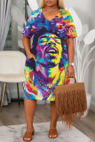 Purple Yellow Figure Print V Neck Short Sleeve with Pocket Casual Outing Plus Size Midi T-shirt Dress