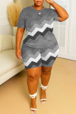 Light Blue Casual Wavy Stripe Print O Neck Short Sleeve T-shirt and Skinny Shorts Two Piece Short Sets