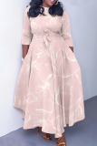 Red Graphic Plaid Floral Print O Neck 3/4 Sleeve Belted Fitted A-line Casual Vacation Plus Size Maxi Dresses