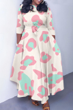 Red Graphic Plaid Floral Print O Neck 3/4 Sleeve Belted Fitted A-line Casual Vacation Plus Size Maxi Dresses