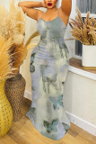 Army Green Floral Butterfly Print Sleeveless Backless Bodycon Casual Party Vacation Plus Size Maxi Slip Dresses