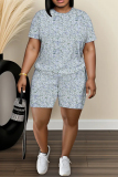 Orange Graphic Print O Neck Short Sleeve T-shirt and Skinny Shorts Casual Outing Plus Size Two Piece Short Sets