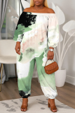Purple Cyan Abstract Print Off Shoulder Long Lantern Sleeve Loose Casual Vacation Harem Jumpsuits