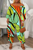 Green Floral Graphic Print Off Shoulder Long Lantern Sleeve Loose Casual Vacation Harem Jumpsuits
