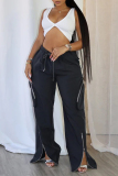Black Zipper Belted High Waist Casual Street Slit Hem Straight Leg Cago Pants
