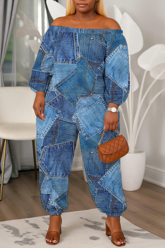 Blue Faux Denim Print Off Shoulder Long Lantern Sleeve Loose Casual Vacation Harem Jumpsuits