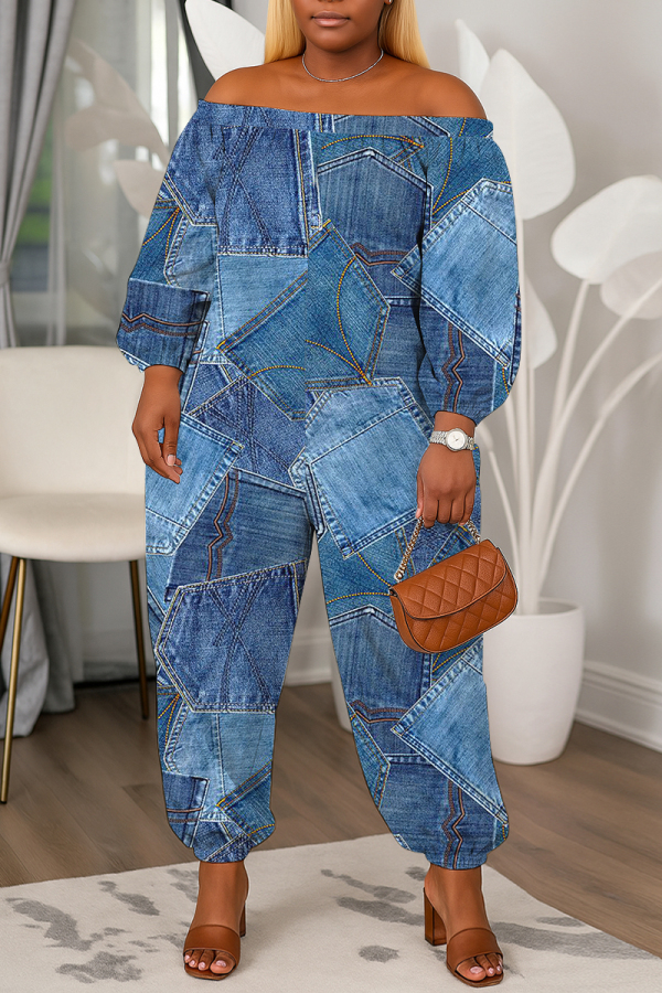 Blue Faux Denim Print Off Shoulder Long Lantern Sleeve Loose Casual Vacation Harem Jumpsuits