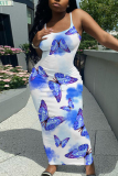 White Butterfly Print Sleeveless Backless Bodycon Casual Party Vacation Plus Size Maxi Slip Dresses