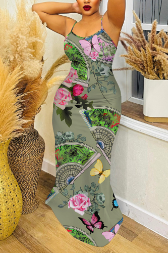 Army Green Floral Butterfly Print Sleeveless Backless Bodycon Casual Party Vacation Plus Size Maxi Slip Dresses