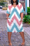 Multicolor Abstract Print V Neck Short Sleeve with Pocket Casual Outing Plus Size Midi T-shirt Dress
