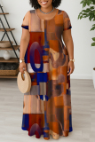 Colors Casual Faux Denim Print U Neck Short Sleeve Loose Straight Plus Size Maxi Dresses