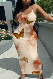 White Butterfly Print Sleeveless Backless Bodycon Casual Party Vacation Plus Size Maxi Slip Dresses