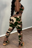 Grey Green Camouflage Print O Neck Short Sleeve T Shirt and Pocket High Waist Wide Leg Pant Casual Outings Two Piece Trouser Set