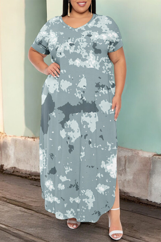 Light Blue Geometric Print V Neck Short Sleeve Pocket Side Slit Casual Outings Plus Size Straight Loose Maxi Dress