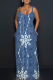 Blue Graphic Print Sleeveless Backless Spaghetti Strap Floor Length Casual Outings Straight Loose Maxi Slip Dresss