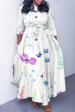 White Green Floral Cartoon Print O Neck 3/4 Sleeve Casual Daily Plus Size Pleated Maxi Dress