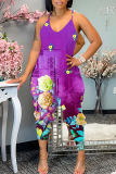 Blue Graphic Print Deep V Neck Off Shoulder Long Sleeve Casual Outings Cami Harlan Jumpsuit