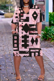 Light Pink Graphic Print V Neck Short Sleeve Knee Length Casual Daily Plus Size Straight Loose T Shirt Dress