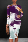 Purple Leopard Floral Print O Neck Long Sleeve Casual Outings Bodycon Midi Dress