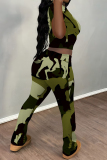 Grey Green Camouflage Print O Neck Short Sleeve T Shirt and Pocket High Waist Wide Leg Pant Casual Outings Two Piece Trouser Set
