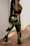 Grey Green Camouflage Print O Neck Short Sleeve T Shirt and Pocket High Waist Wide Leg Pant Casual Outings Two Piece Trouser Set
