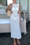 Off White Imitation Cotton Sleeveless Knit Cut-Outs Sheer Lace Up Swimwears Cover-Ups Vacation Beach Maxi Dresses