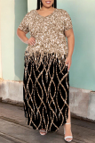 Light Blue Geometric Print V Neck Short Sleeve Pocket Side Slit Casual Outings Plus Size Straight Loose Maxi Dress