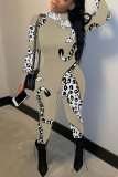 Grey Animal Print Half A Turtleneck Long Sleeve Casual Outings Plus Size Skinny Jumpsuit