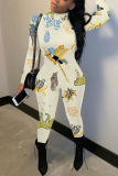 Grey Animal Print Half A Turtleneck Long Sleeve Casual Outings Plus Size Skinny Jumpsuit